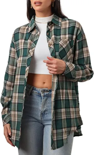 CHYRII Womens Button Down Flannel Shirts Long Sleeve Plaid Shackets Business Casual Blouse Top