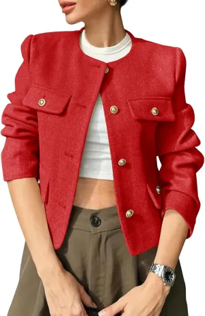 Cicy Bell Womens Cropped Tweed Blazer Jackets Collarless Button Down Business Casual Outfits with Pockets