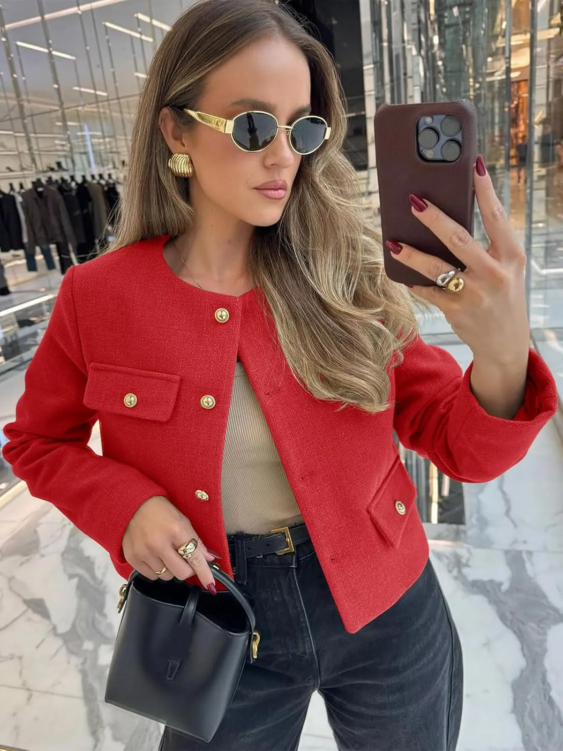 Cicy Bell Womens Cropped Tweed Blazer Jackets Collarless Button Down Business Casual Outfits with Pockets