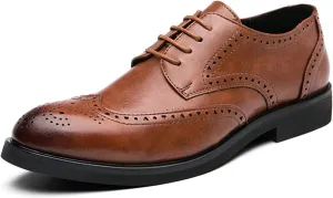 Classic Brogue Carving Wingtip Oxfords for Men Lace up Formal Dress Shoes Faux Leather Burnished Round Toe Block Heel Anti-Slip Formal Men (Color : Brown, Size : 9.5 M US)
