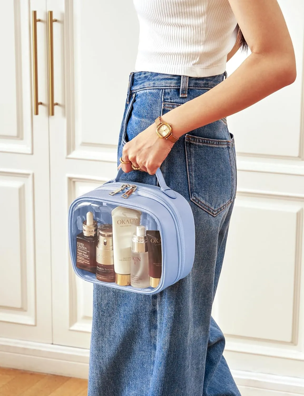 Clear Cosmetic Bag Double Layer Travel Toiletry Bag Clear Makeup Bag Case with 4 Compartments, Transparent Travel Bag for Toiletries, TSA Approved Toiletry Case for Women (Blue)