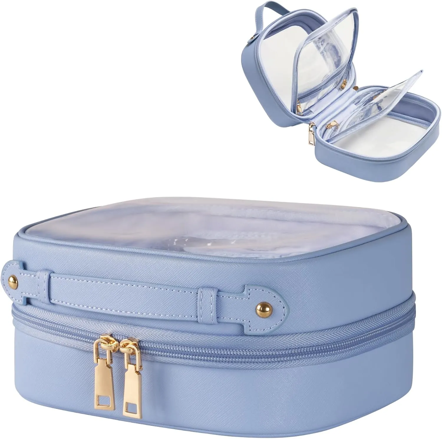Clear Cosmetic Bag Double Layer Travel Toiletry Bag Clear Makeup Bag Case with 4 Compartments, Transparent Travel Bag for Toiletries, TSA Approved Toiletry Case for Women (Blue)