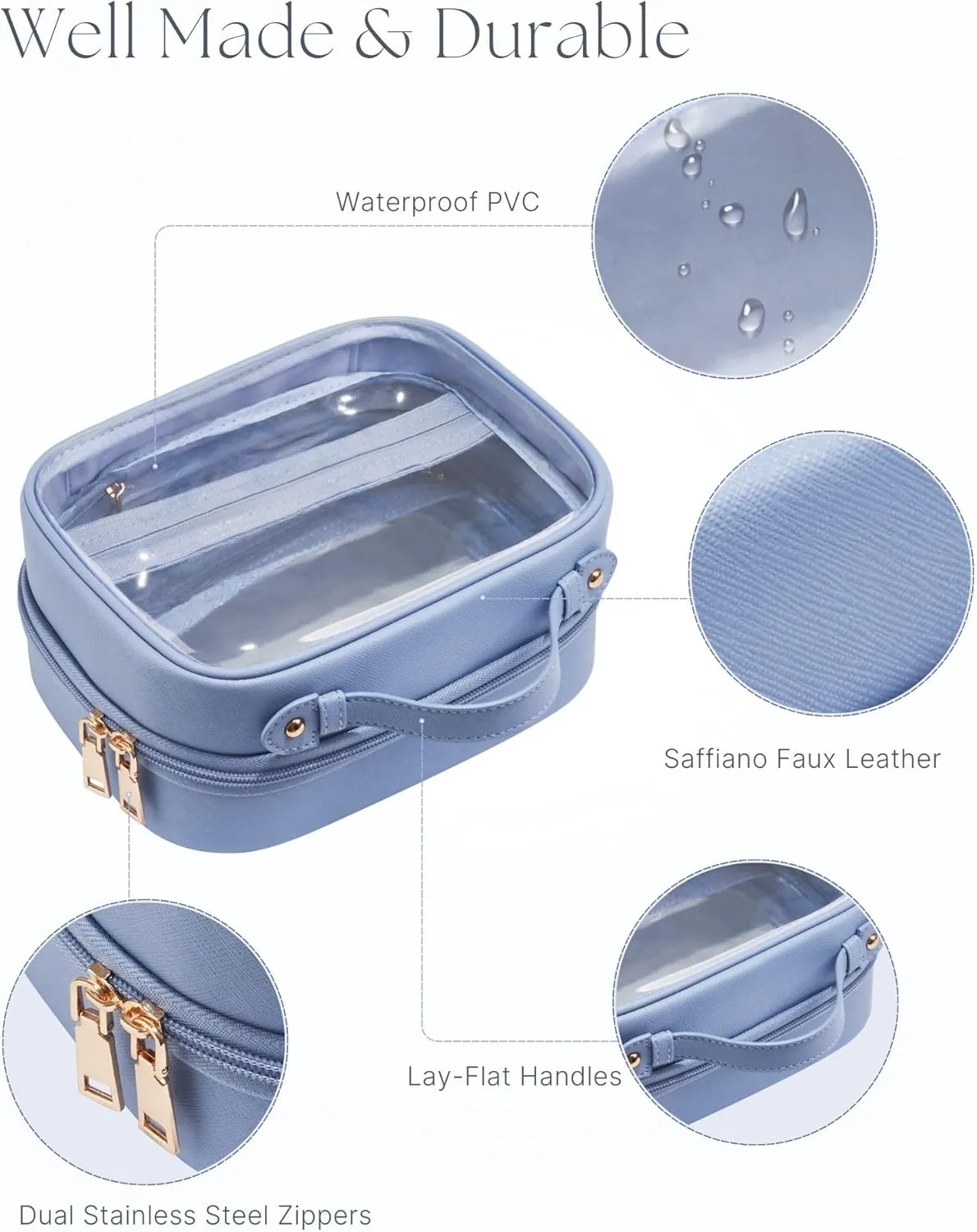 Clear Cosmetic Bag Double Layer Travel Toiletry Bag Clear Makeup Bag Case with 4 Compartments, Transparent Travel Bag for Toiletries, TSA Approved Toiletry Case for Women (Blue)