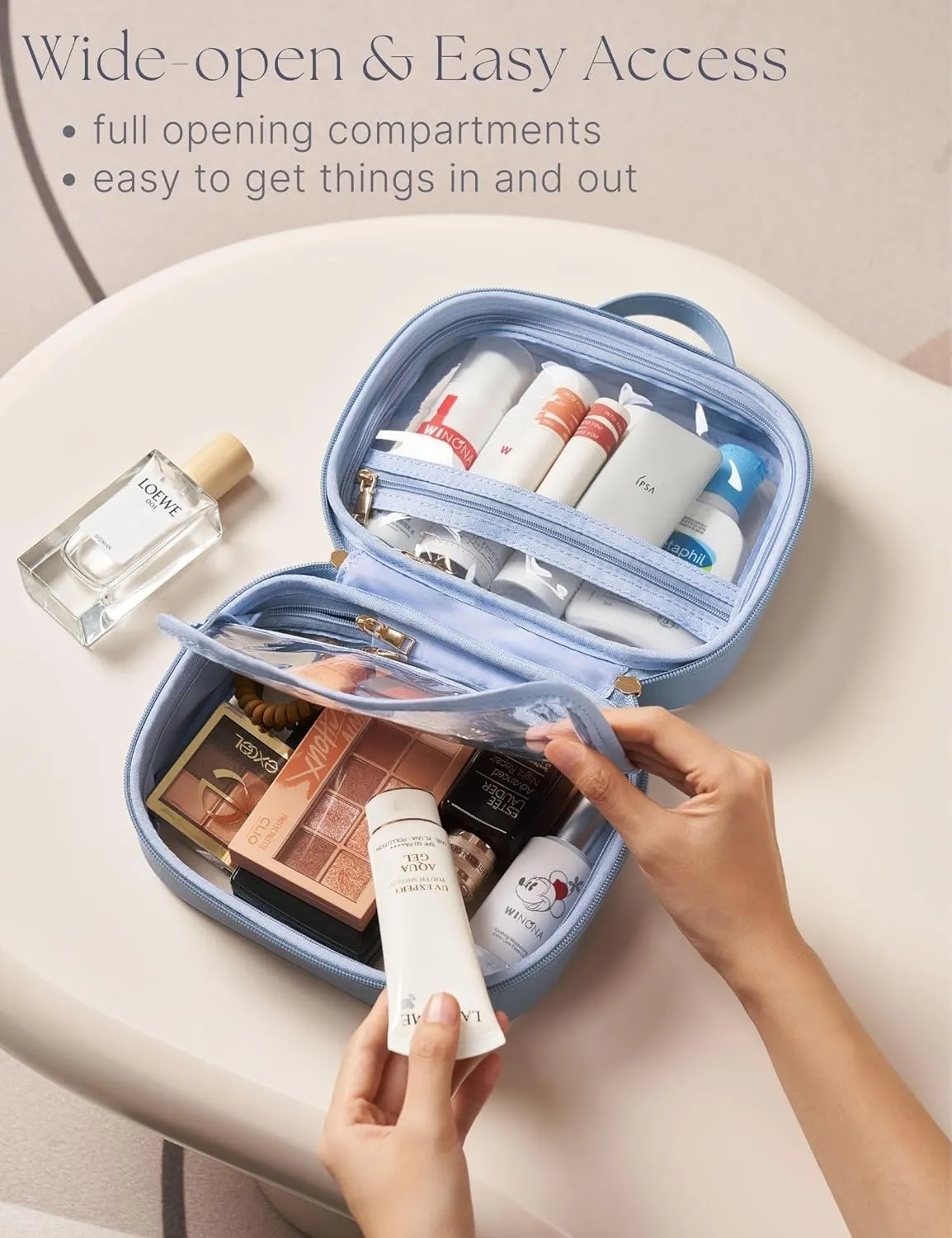 Clear Cosmetic Bag Double Layer Travel Toiletry Bag Clear Makeup Bag Case with 4 Compartments, Transparent Travel Bag for Toiletries, TSA Approved Toiletry Case for Women (Blue)
