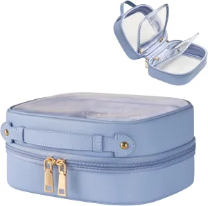 Clear Cosmetic Bag Double Layer Travel Toiletry Bag Clear Makeup Bag Case with 4 Compartments, Transparent Travel Bag for Toiletries, TSA Approved Toiletry Case for Women (Blue)