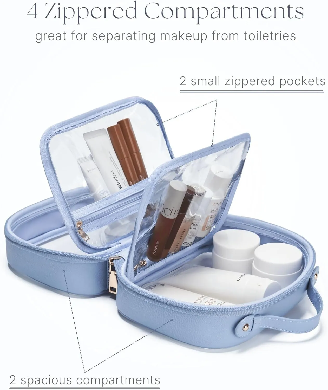 Clear Cosmetic Bag Double Layer Travel Toiletry Bag Clear Makeup Bag Case with 4 Compartments, Transparent Travel Bag for Toiletries, TSA Approved Toiletry Case for Women (Blue)