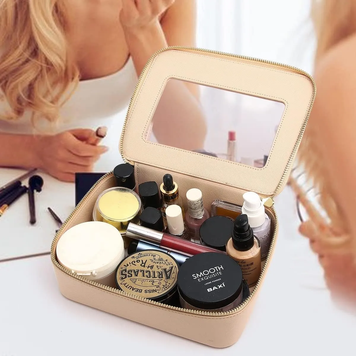 Clear Makeup Bag for Women Waterproof Travel Makeup Case Portable Cosmetic Case Toiletry Bag Car Organizer with Zipper (X/Beige, L)
