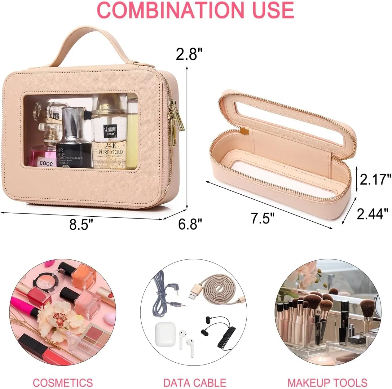 Clear Makeup Bag for Women Waterproof Travel Makeup Case Portable Cosmetic Case Toiletry Bag Car Organizer with Zipper (X/Beige, L)