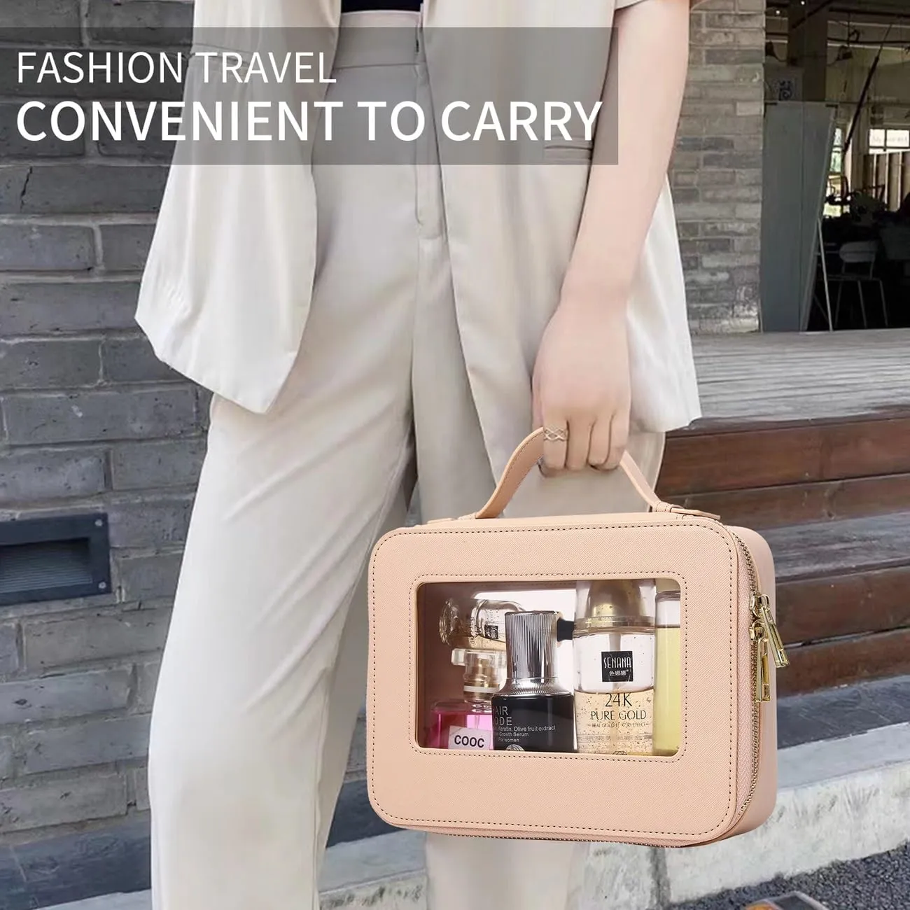 Clear Makeup Bag for Women Waterproof Travel Makeup Case Portable Cosmetic Case Toiletry Bag Car Organizer with Zipper (X/Beige, L)
