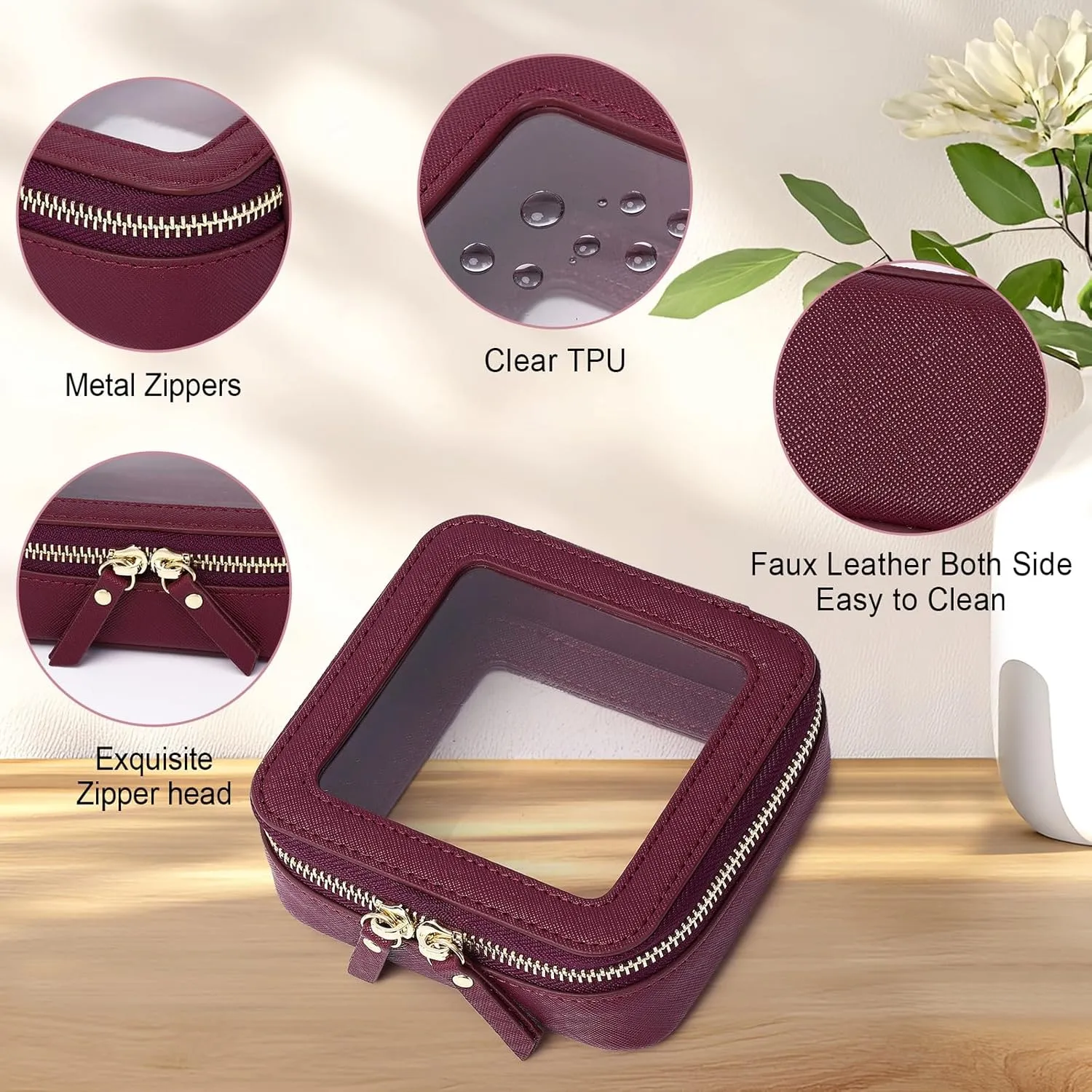 Clear Makeup Bag Waterproof Travel Case for Cosmetics and Toiletries Women's Purse Organizer and Clear Car Bag with Zipper (X/Burgundy, M MINI)