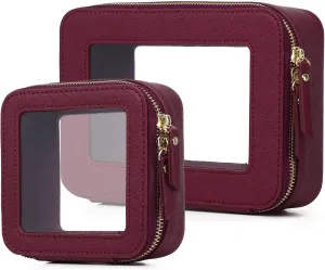 Clear Makeup Bag Waterproof Travel Case for Cosmetics and Toiletries Women's Purse Organizer and Clear Car Bag with Zipper (X/Burgundy, M MINI)
