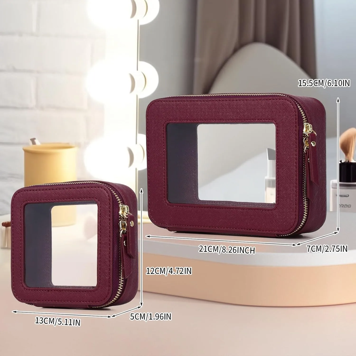 Clear Makeup Bag Waterproof Travel Case for Cosmetics and Toiletries Women's Purse Organizer and Clear Car Bag with Zipper (X/Burgundy, M MINI)
