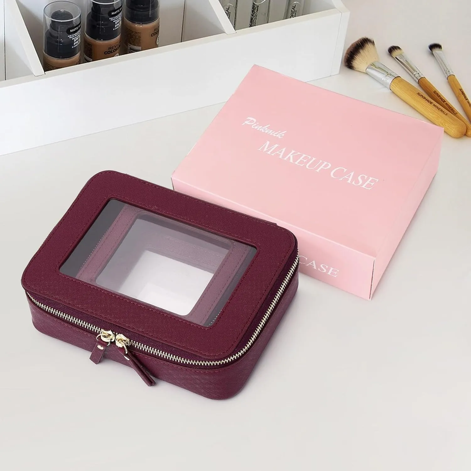 Clear Makeup Bag Waterproof Travel Case for Cosmetics and Toiletries Women's Purse Organizer and Clear Car Bag with Zipper (X/Burgundy, M MINI)