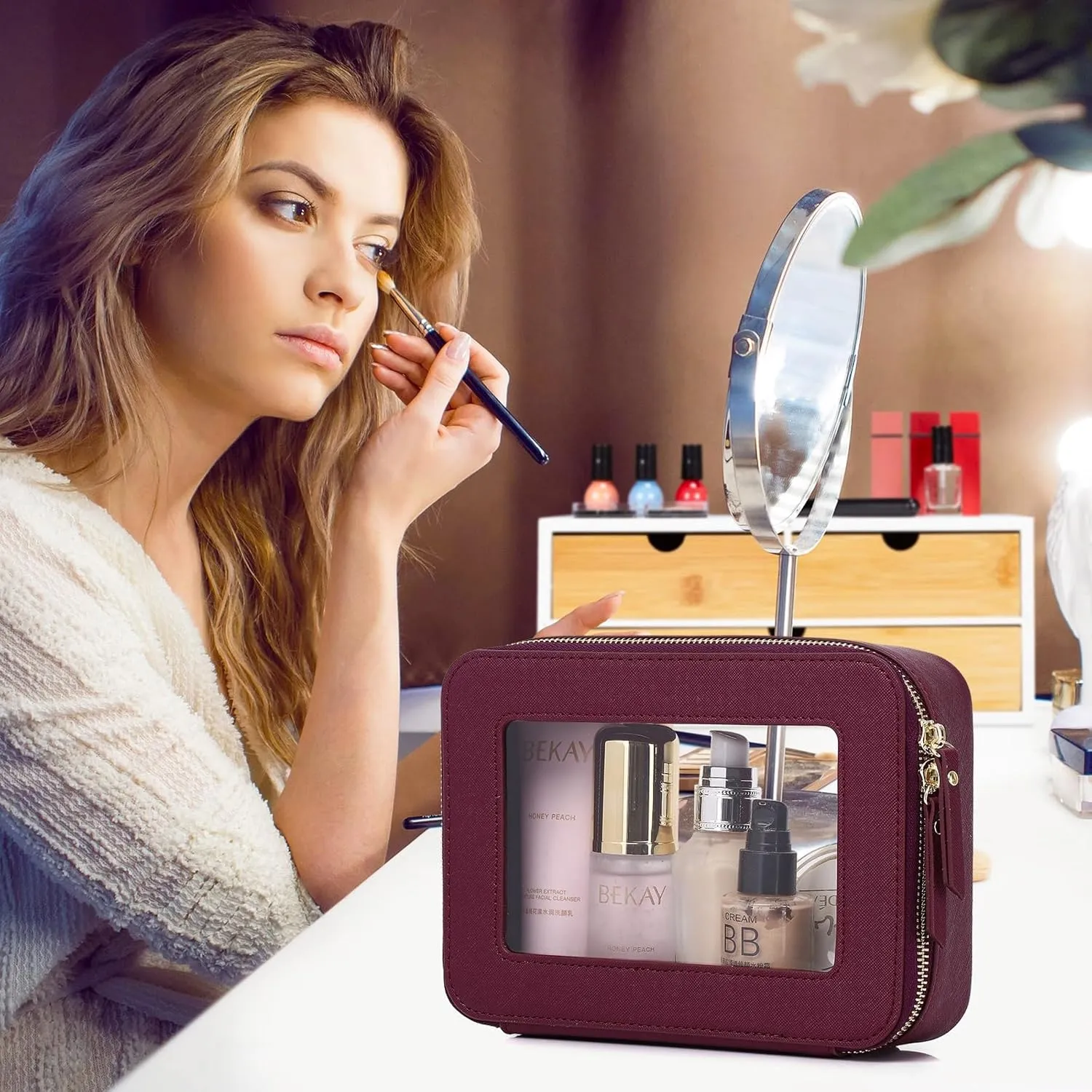 Clear Makeup Bag Waterproof Travel Case for Cosmetics and Toiletries Women's Purse Organizer and Clear Car Bag with Zipper (X/Burgundy, M MINI)