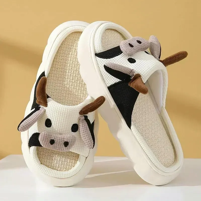 Clogs Four Seasons Universal Indoor Home Cotton Linen Sandals Cute Cartoon Cow Linen Slippers Non-Slip