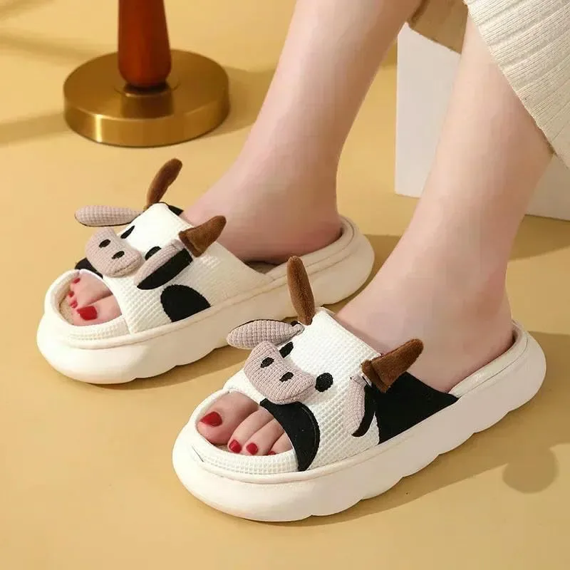 Clogs Four Seasons Universal Indoor Home Cotton Linen Sandals Cute Cartoon Cow Linen Slippers Non-Slip
