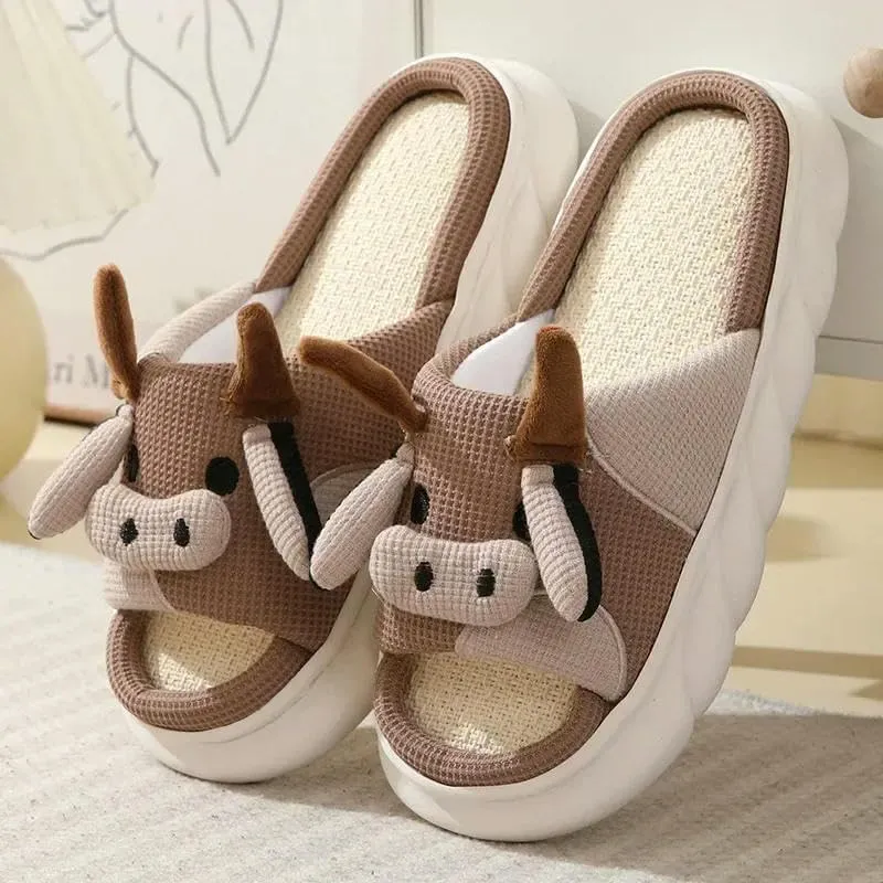 Clogs Four Seasons Universal Indoor Home Cotton Linen Sandals Cute Cartoon Cow Linen Slippers Non-Slip