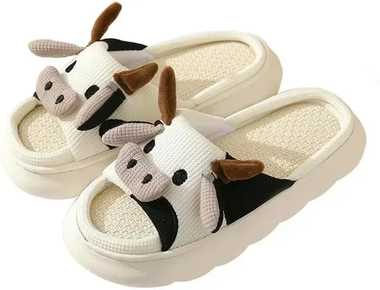 Clogs Four Seasons Universal Indoor Home Cotton Linen Sandals Cute Cartoon Cow Linen Slippers Non-Slip