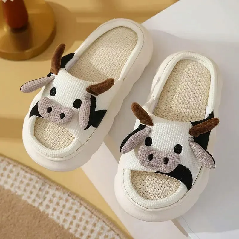 Clogs Four Seasons Universal Indoor Home Cotton Linen Sandals Cute Cartoon Cow Linen Slippers Non-Slip