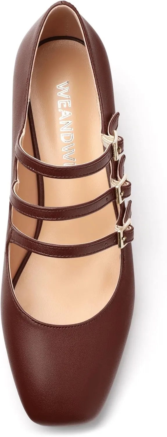 Closed Square Toe Low Chunky Heels for Women，Ladies Three Strap Mary Jane Pumps，Wedding Party Office Dress Shoes