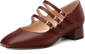 Closed Square Toe Low Chunky Heels for Women，Ladies Three Strap Mary Jane Pumps，Wedding Party Office Dress Shoes
