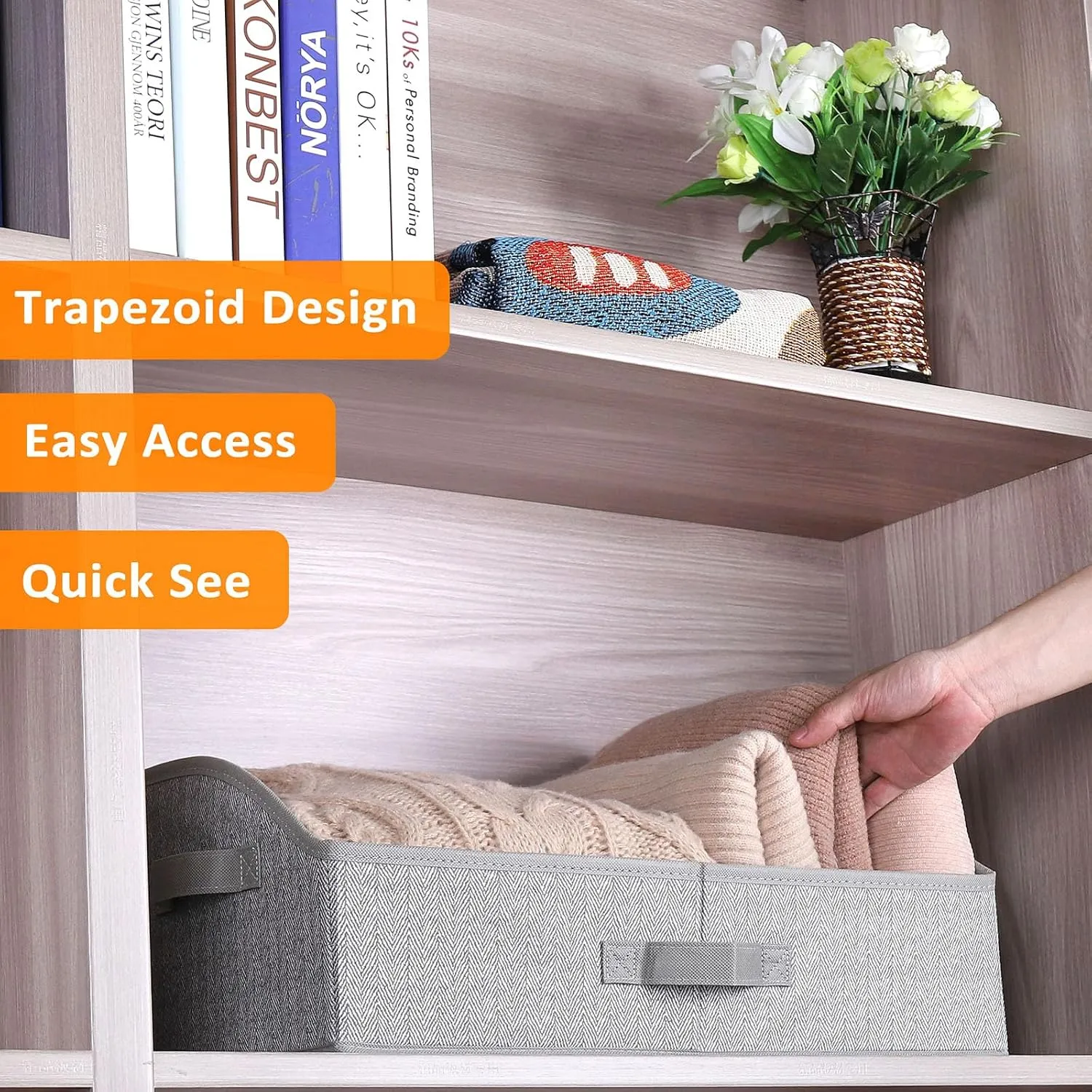 Closet Organizers and Storage, Trapezoid Storage Bins, Fabric Closet Baskets with Handles, Clothing Bins for Shelves, Foldable Storage Baskets for Clothes, Herringbone Gray, Extra Large, 3-Pack