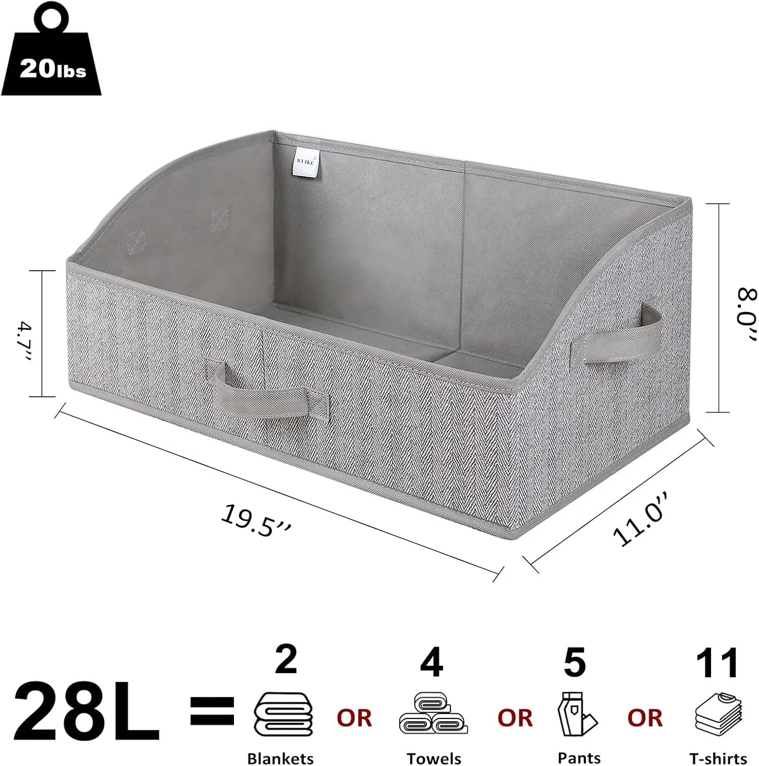 Closet Organizers and Storage, Trapezoid Storage Bins, Fabric Closet Baskets with Handles, Clothing Bins for Shelves, Foldable Storage Baskets for Clothes, Herringbone Gray, Extra Large, 3-Pack