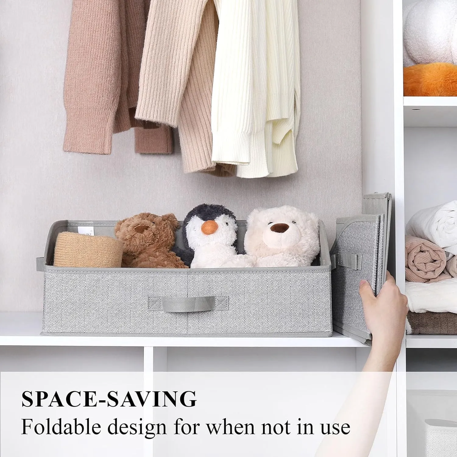 Closet Organizers and Storage, Trapezoid Storage Bins, Fabric Closet Baskets with Handles, Clothing Bins for Shelves, Foldable Storage Baskets for Clothes, Herringbone Gray, Extra Large, 3-Pack