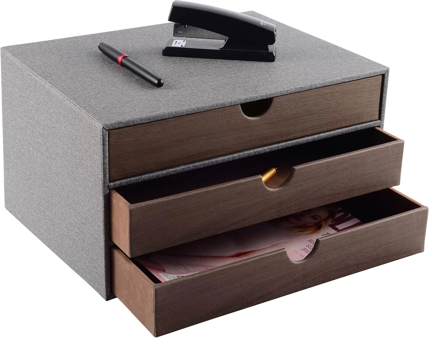 Cloth-effect Faux Leather Desk Organizer File Cabinet Executive Office Supplies Desktop Filing A4 Contract Document Stackable Storage Box with 3 Drawers (Grey)