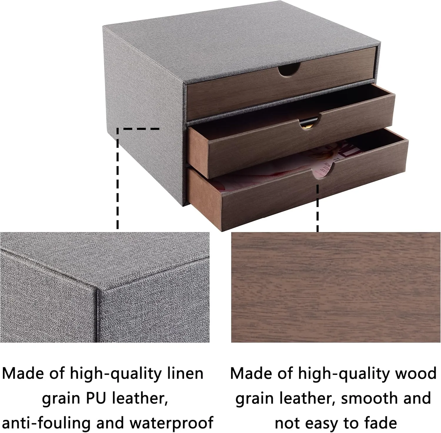 Cloth-effect Faux Leather Desk Organizer File Cabinet Executive Office Supplies Desktop Filing A4 Contract Document Stackable Storage Box with 3 Drawers (Grey)