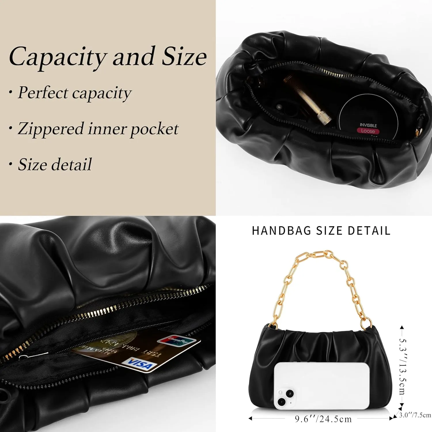 Clutch Purse for Women - Evening Small Shoulder Bag Anti Theft Removable Chain Adjustable Strap PU Handbag