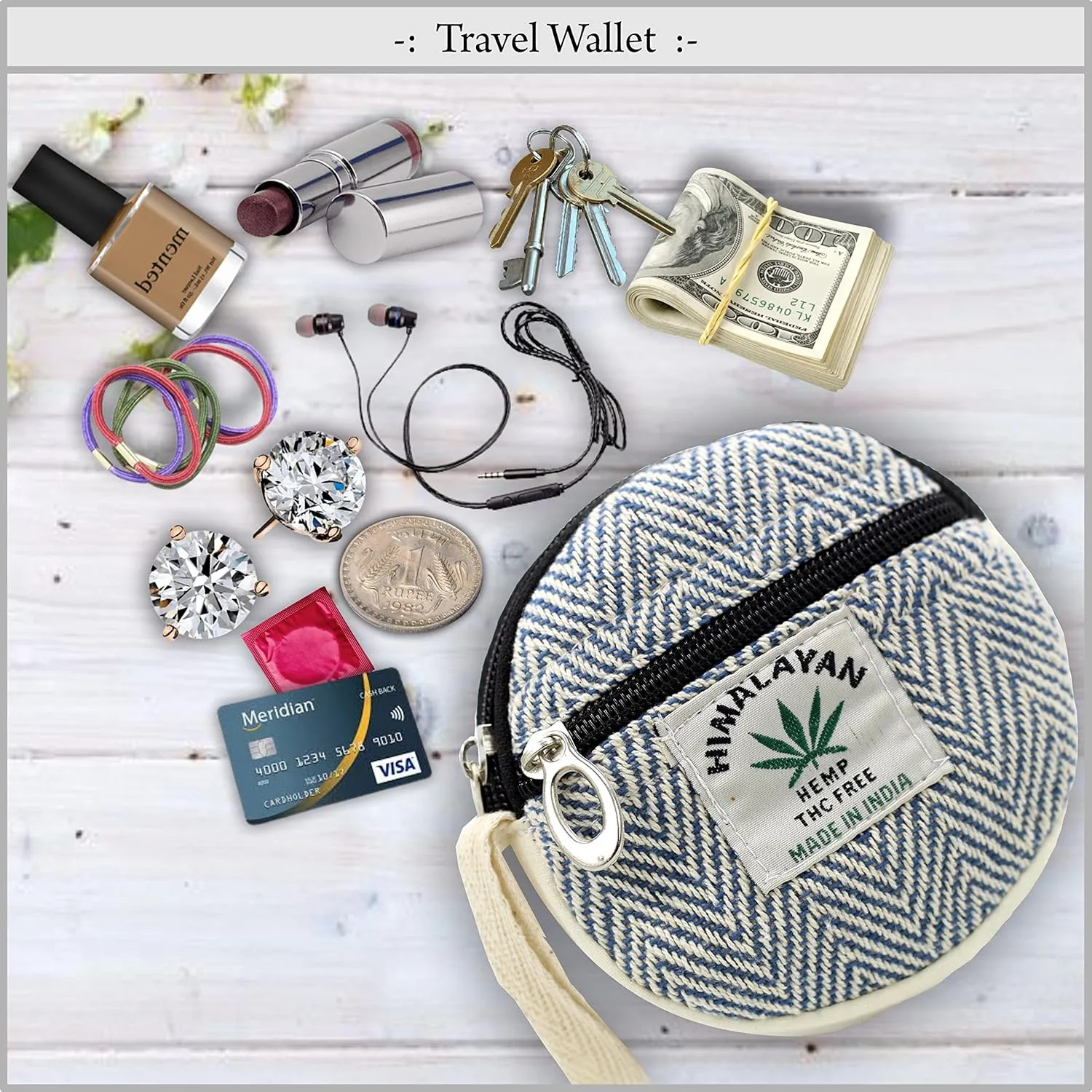 Coin Purse For Women Handmade Hemp Coin Pouch Eco friendly Hippie Boho Wallet Earphone holder (Blue)