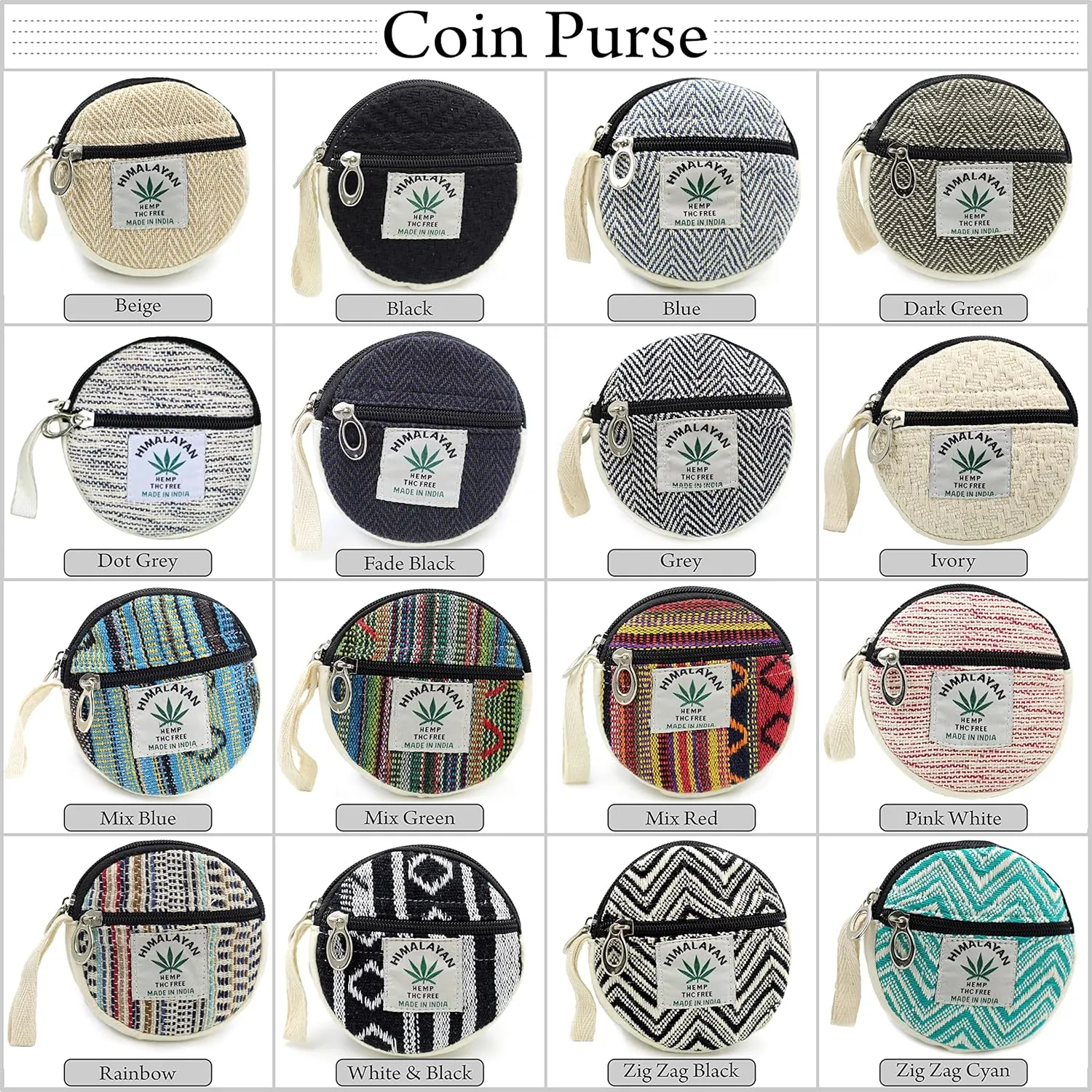 Coin Purse For Women Handmade Hemp Coin Pouch Eco friendly Hippie Boho Wallet Earphone holder (Dot Grey) (MF-HMP-009-DY)