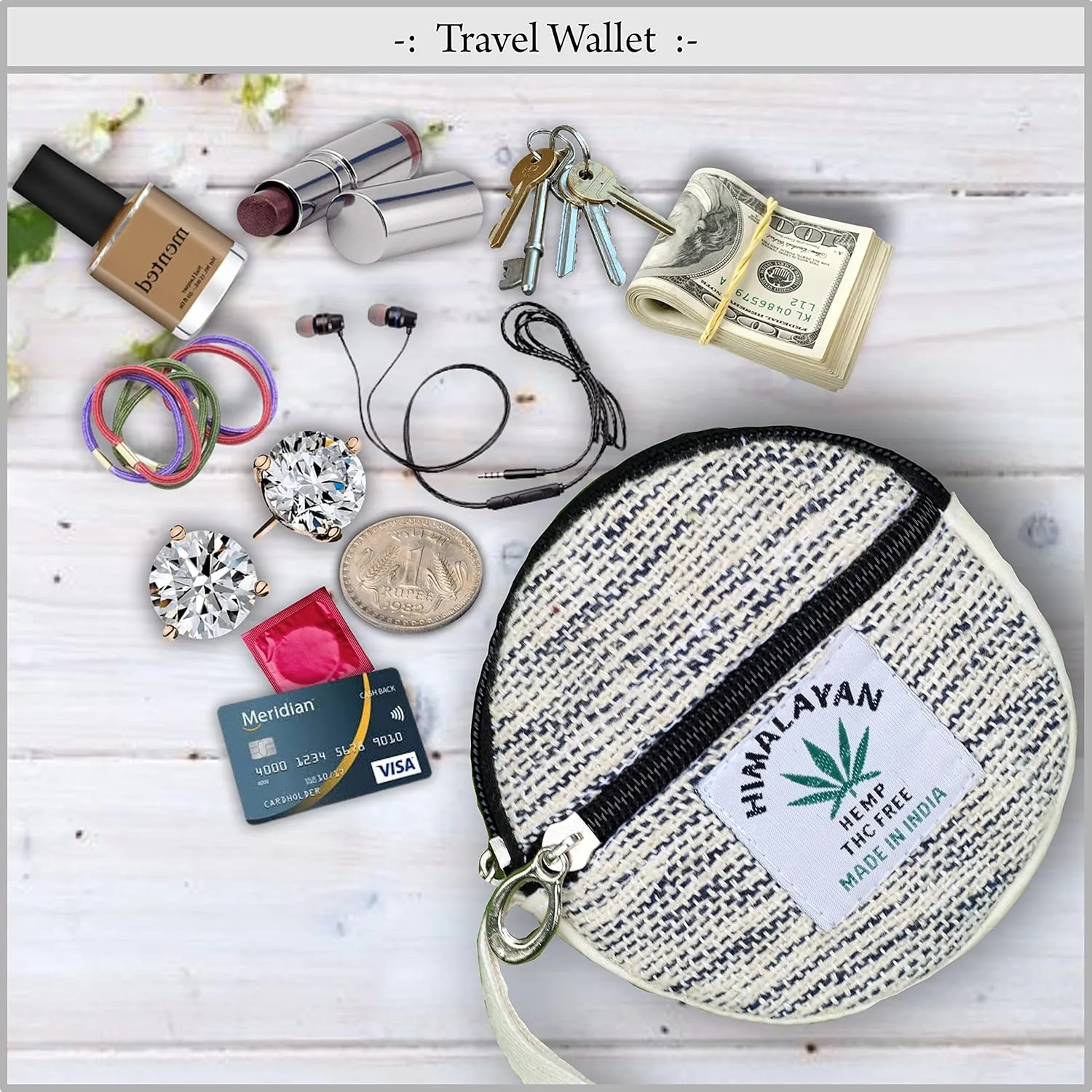 Coin Purse For Women Handmade Hemp Coin Pouch Eco friendly Hippie Boho Wallet Earphone holder (Dot Grey) (MF-HMP-009-DY)