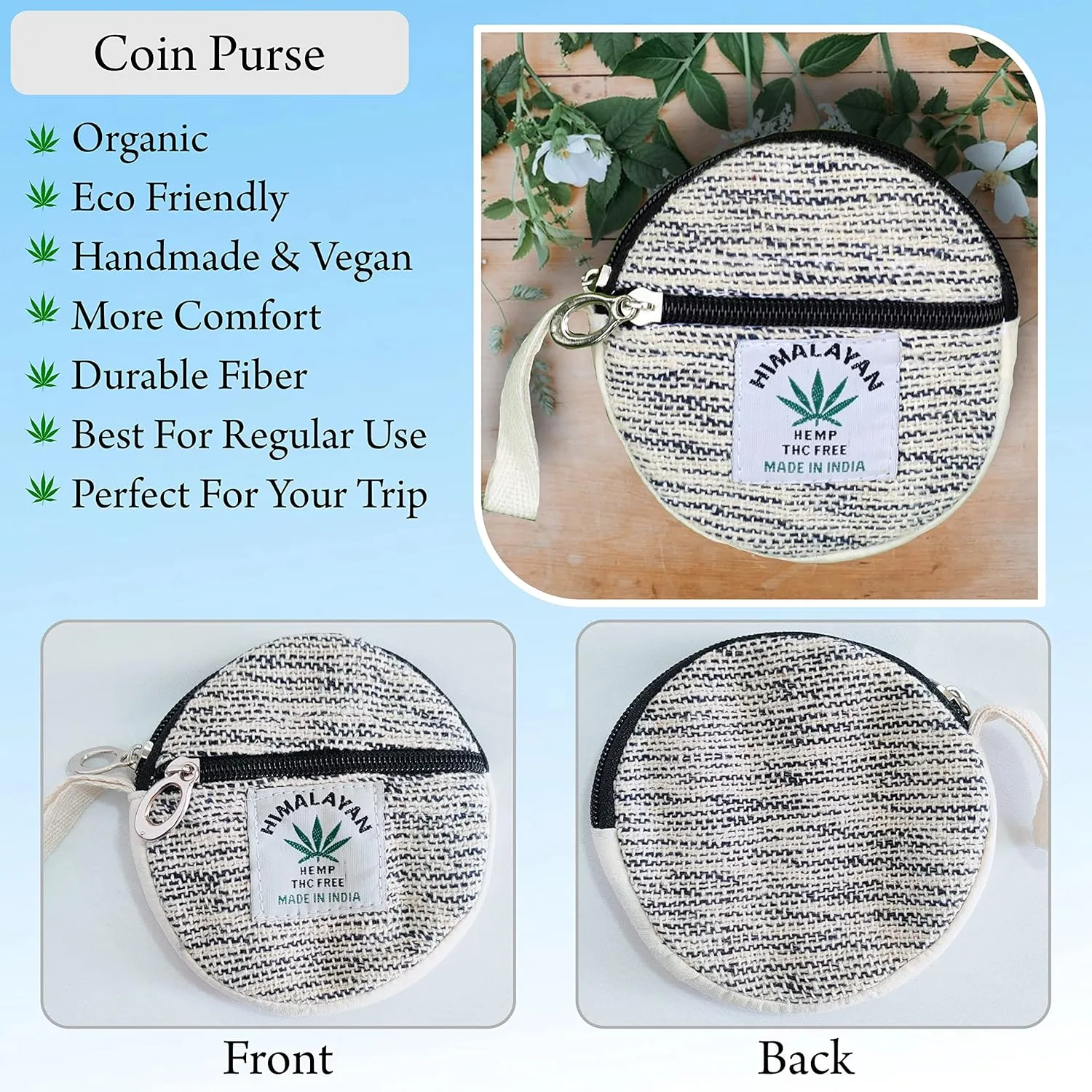 Coin Purse For Women Handmade Hemp Coin Pouch Eco friendly Hippie Boho Wallet Earphone holder (Dot Grey) (MF-HMP-009-DY)