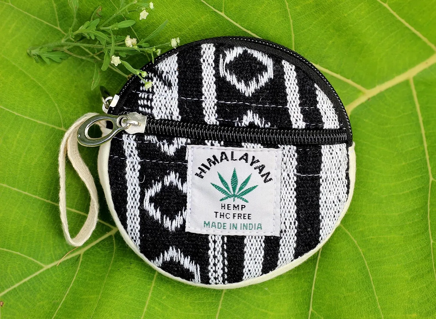 Coin Purse For Women Handmade Hemp Coin Pouch Eco friendly Hippie Boho Wallet Earphone holder (White and Black)