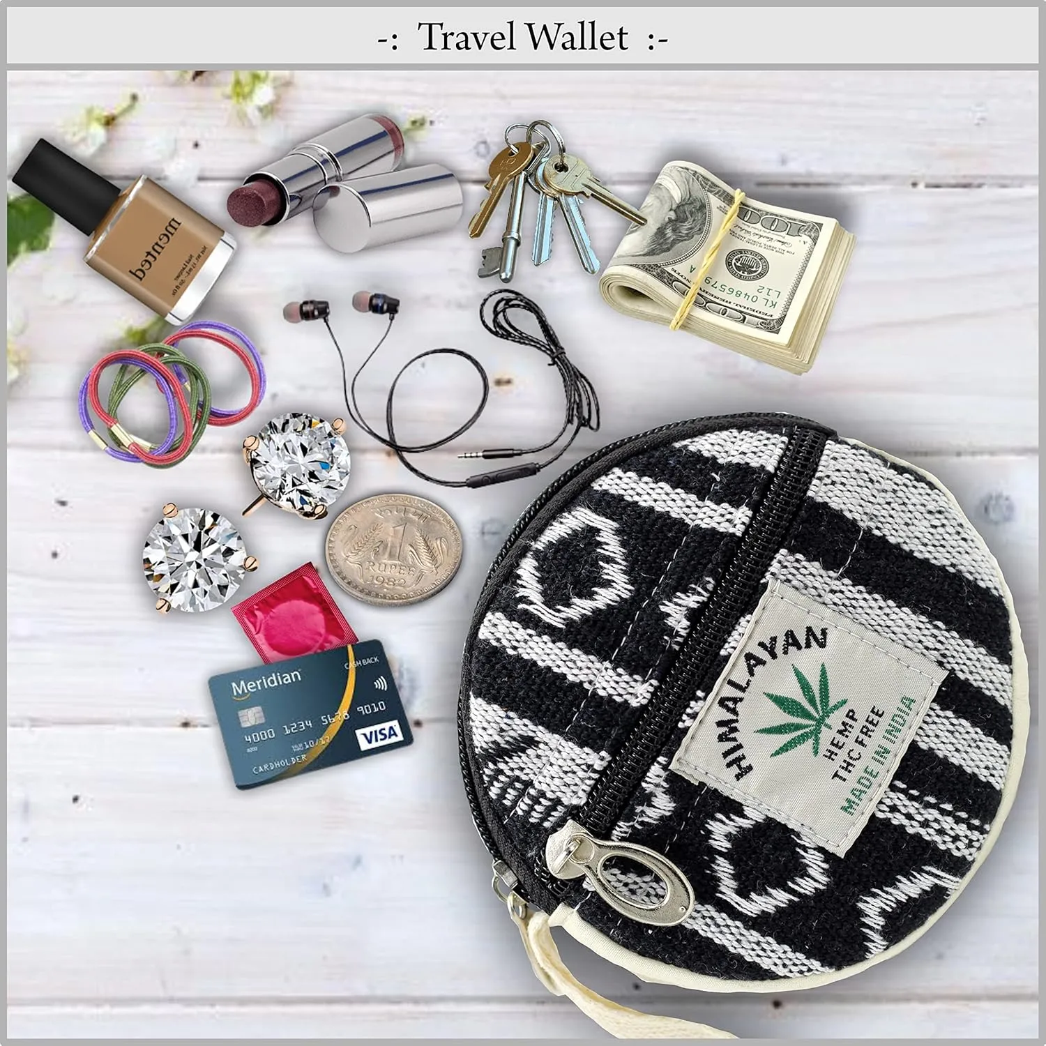 Coin Purse For Women Handmade Hemp Coin Pouch Eco friendly Hippie Boho Wallet Earphone holder (White and Black)