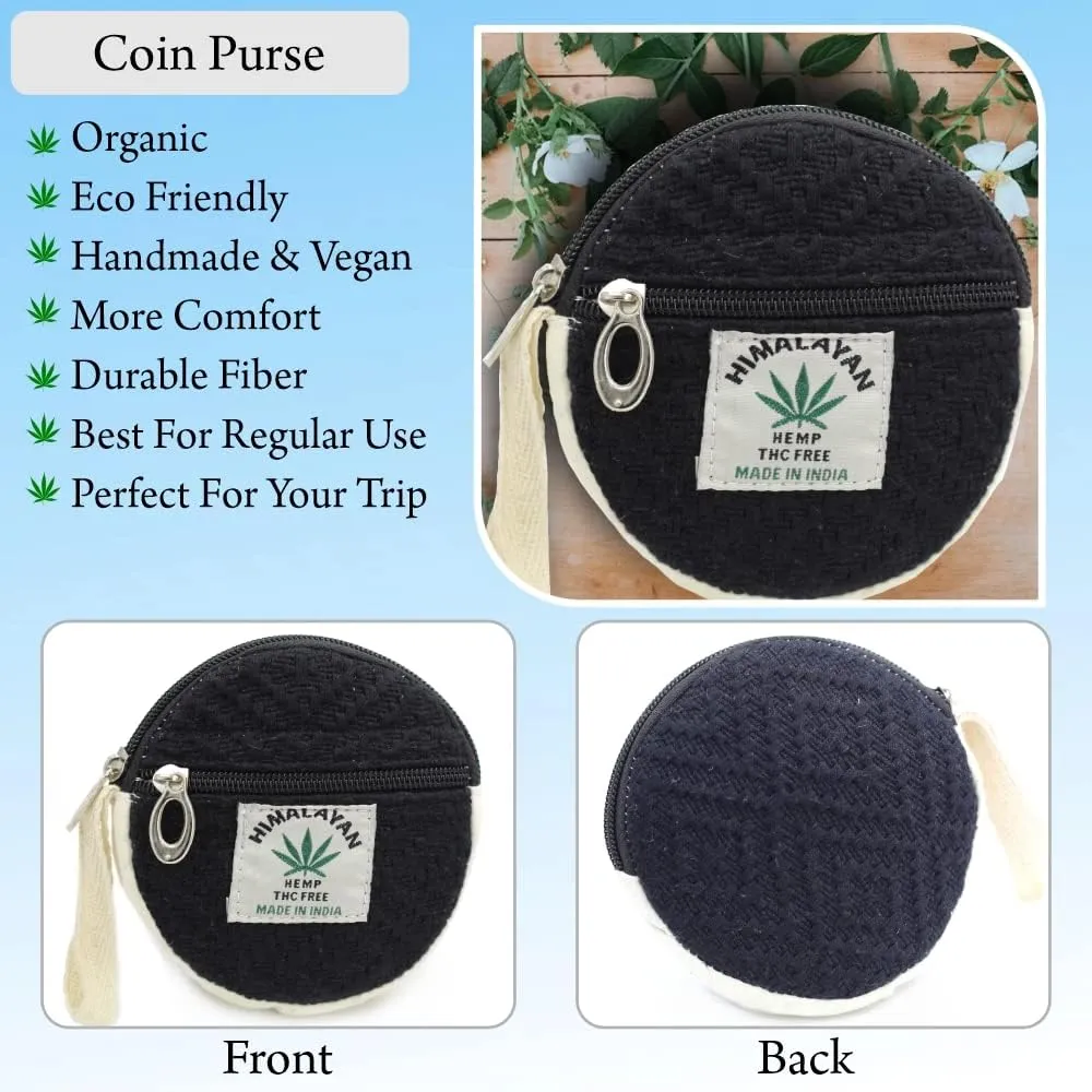 Coin Purse For Women Handmade Hemp Coin Pouch Hippie Boho Wallet Earphone holder (Black), MF-HMP-0033-BK, Standard Size