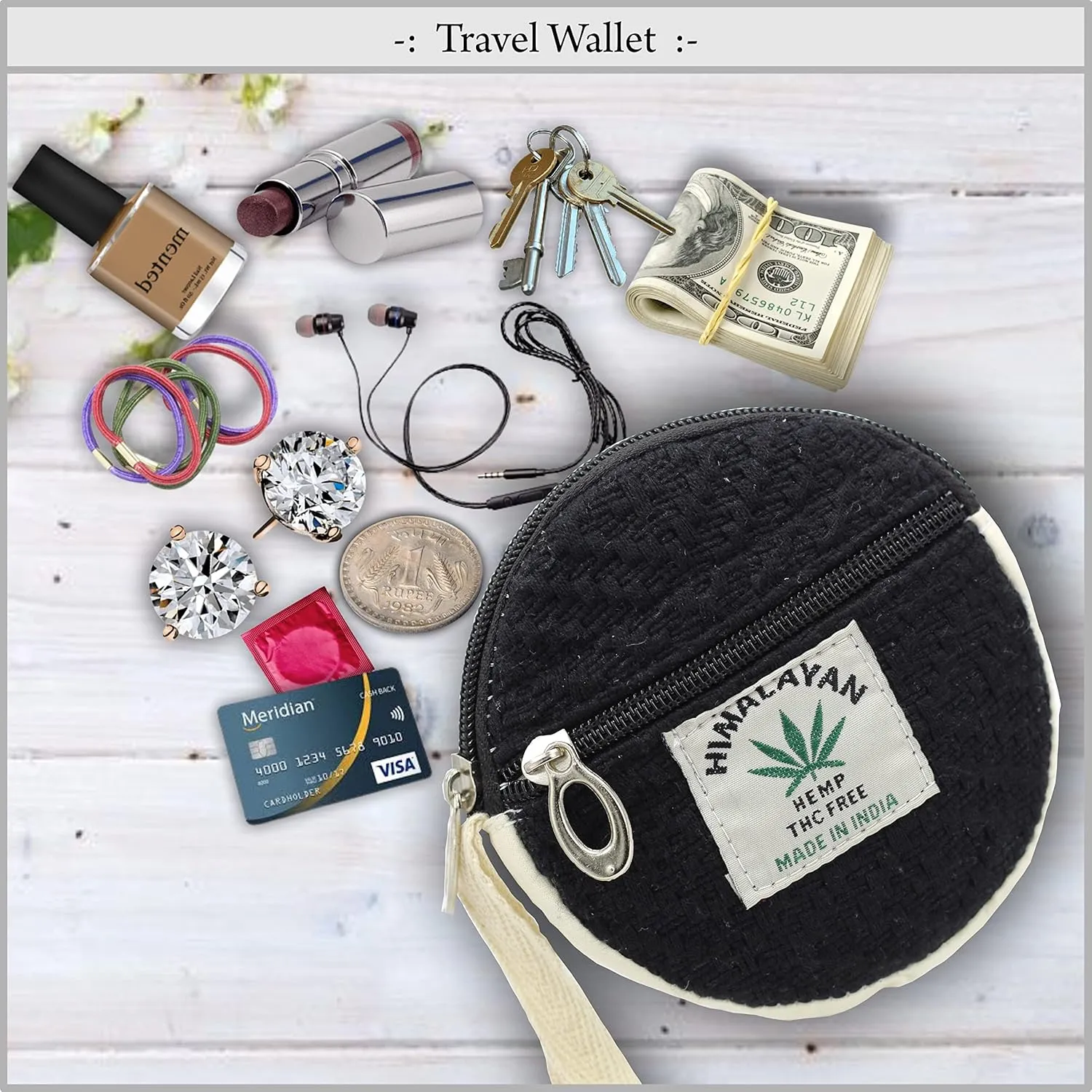 Coin Purse For Women Handmade Hemp Coin Pouch Hippie Boho Wallet Earphone holder (Black), MF-HMP-0033-BK, Standard Size