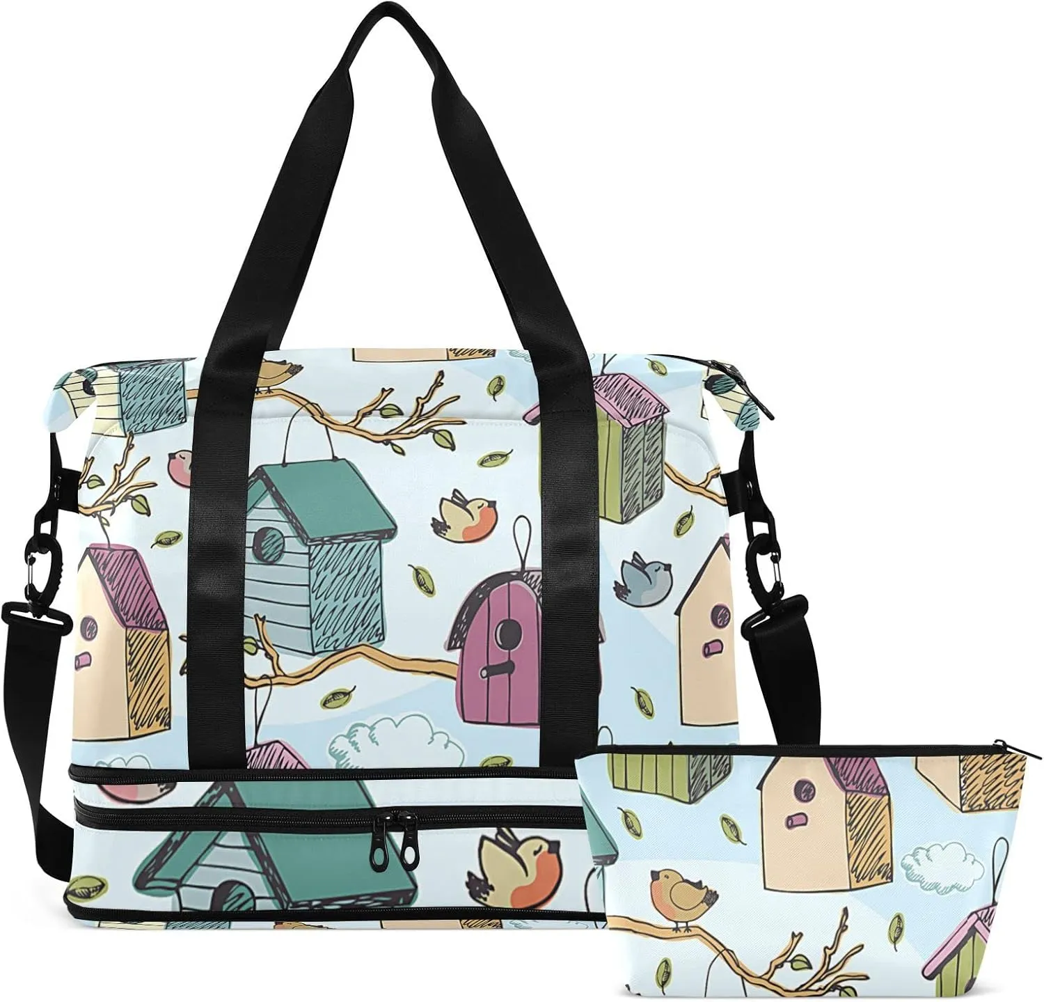 Colorful Birds and Starling Houses Tree Branches Blue Sky Foldable Travel Bag, Camping Luggage bag, Portable Gym Bag, Sports Bag, Toiletry Bag with Handles Adjustable Shoulder Strap