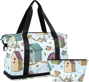 Colorful Birds and Starling Houses Tree Branches Blue Sky Foldable Travel Bag, Camping Luggage bag, Portable Gym Bag, Sports Bag, Toiletry Bag with Handles Adjustable Shoulder Strap