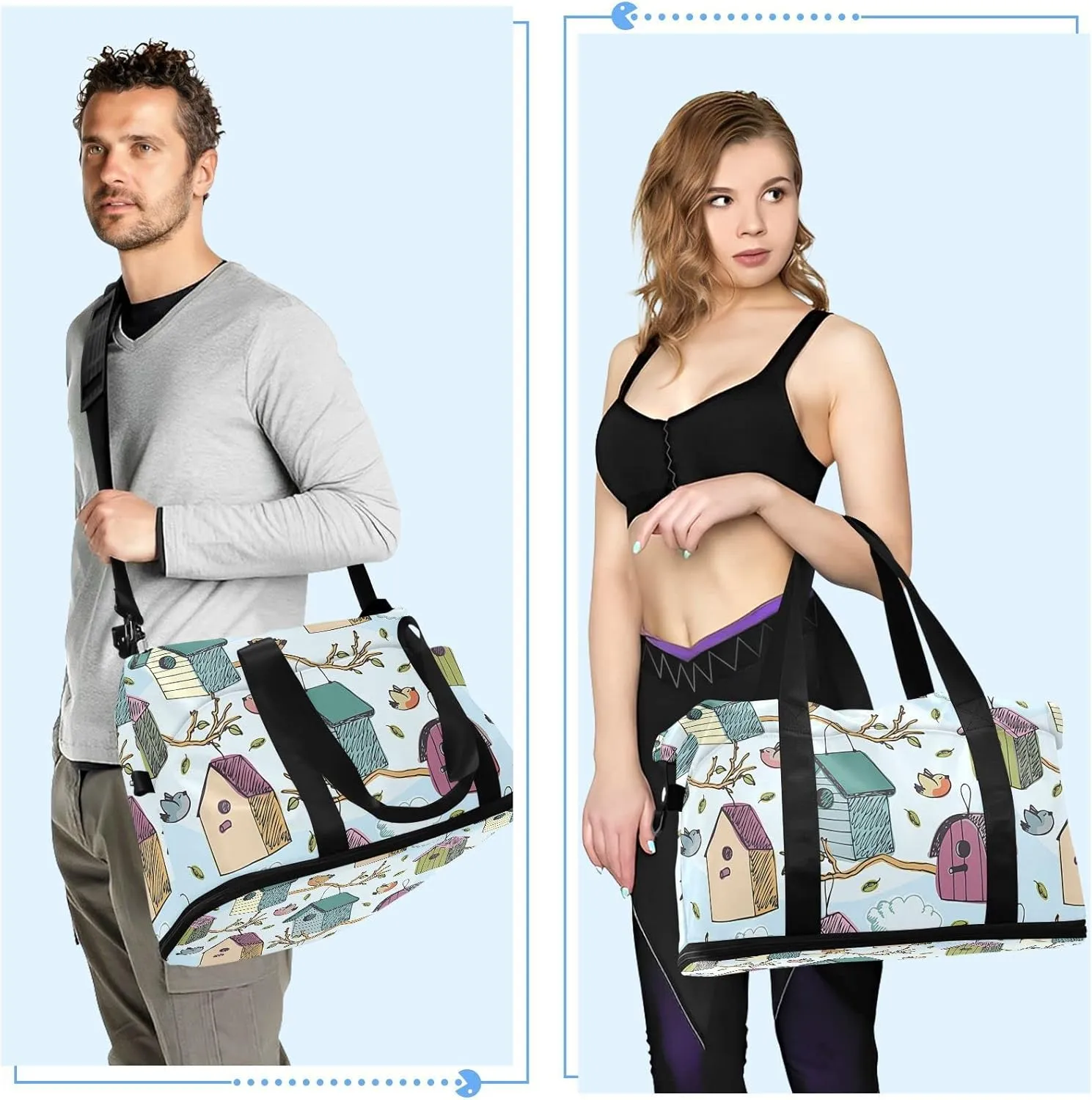 Colorful Birds and Starling Houses Tree Branches Blue Sky Foldable Travel Bag, Camping Luggage bag, Portable Gym Bag, Sports Bag, Toiletry Bag with Handles Adjustable Shoulder Strap