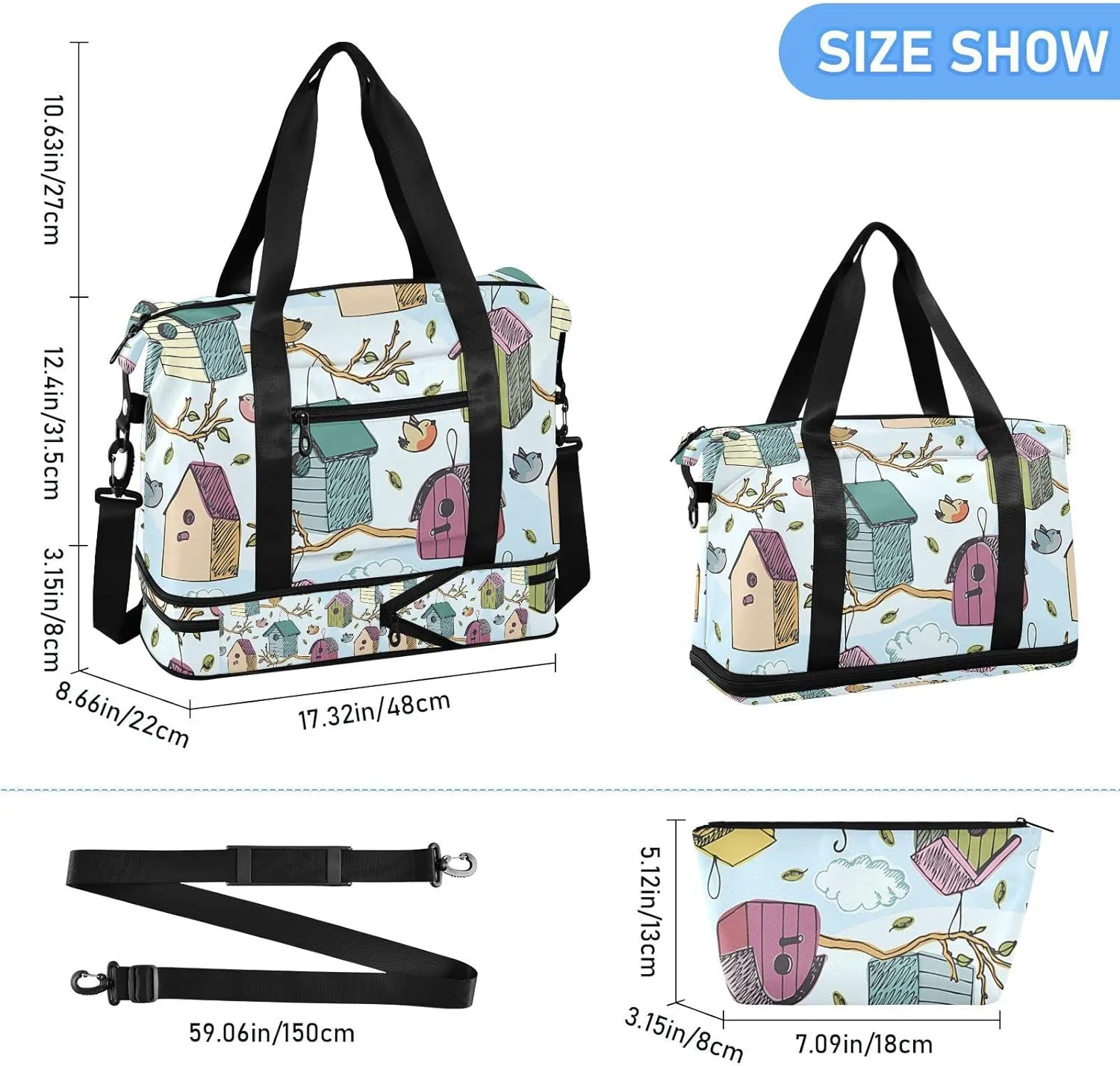 Colorful Birds and Starling Houses Tree Branches Blue Sky Foldable Travel Bag, Camping Luggage bag, Portable Gym Bag, Sports Bag, Toiletry Bag with Handles Adjustable Shoulder Strap