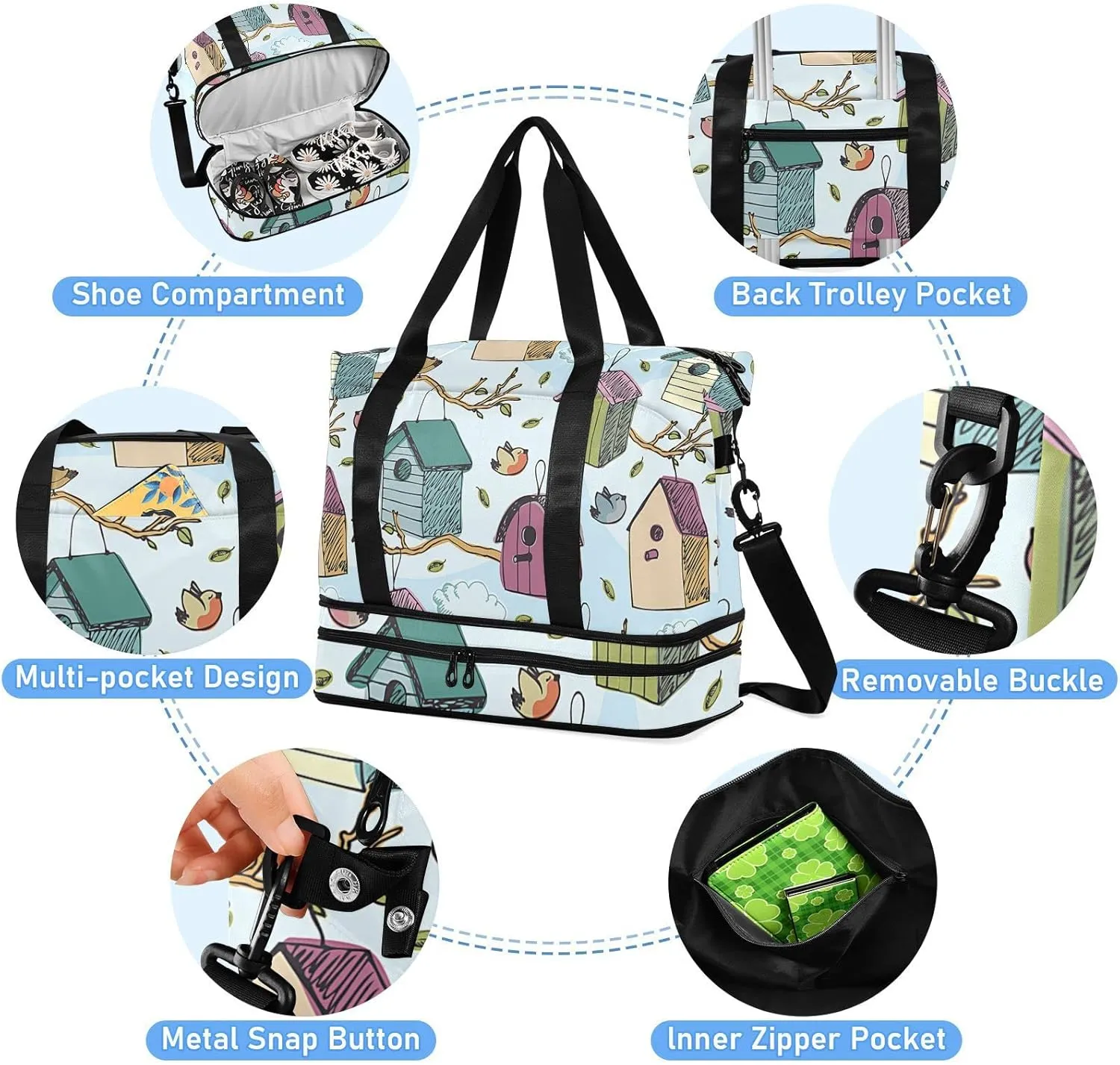 Colorful Birds and Starling Houses Tree Branches Blue Sky Foldable Travel Bag, Camping Luggage bag, Portable Gym Bag, Sports Bag, Toiletry Bag with Handles Adjustable Shoulder Strap