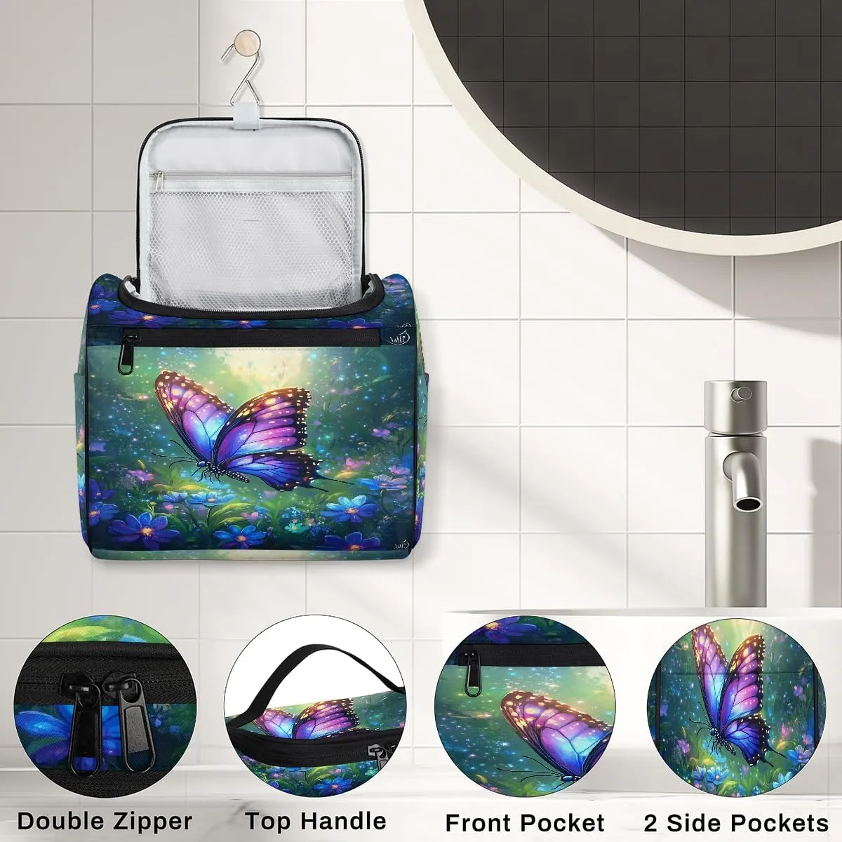 Colorful Butterfly Purple Flowers Makeup Bag for women and girl Toiletry Bag Travel Make Up Organizer Bag Wash Bag with holder