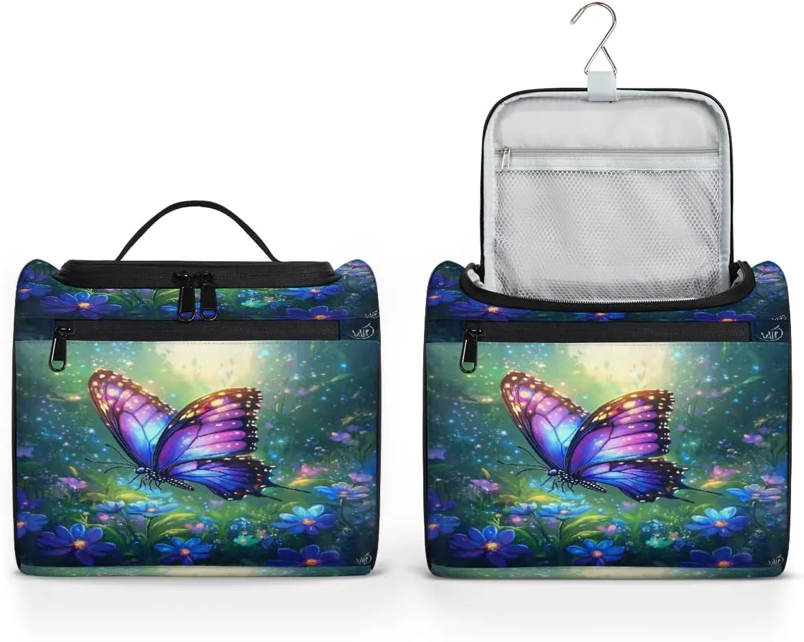 Colorful Butterfly Purple Flowers Makeup Bag for women and girl Toiletry Bag Travel Make Up Organizer Bag Wash Bag with holder