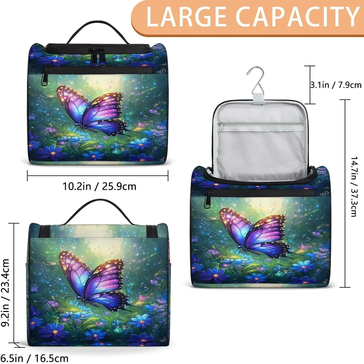 Colorful Butterfly Purple Flowers Makeup Bag for women and girl Toiletry Bag Travel Make Up Organizer Bag Wash Bag with holder