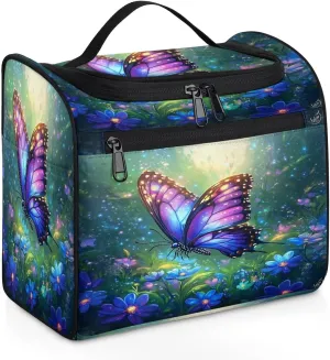 Colorful Butterfly Purple Flowers Makeup Bag for women and girl Toiletry Bag Travel Make Up Organizer Bag Wash Bag with holder