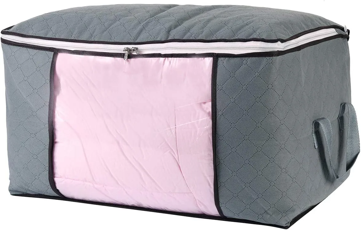 combocube Comforter Storage Bag, Jumbo Zippered Bag with Large Clear Window and Carry Handles, Space Saver Organizers for Closet, Blanket, Pillow, Quilt, Bedding, Clothes (2Pcs Grey Large)