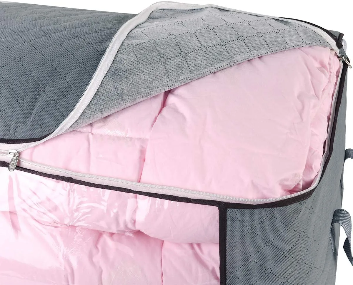 combocube Comforter Storage Bag, Jumbo Zippered Bag with Large Clear Window and Carry Handles, Space Saver Organizers for Closet, Blanket, Pillow, Quilt, Bedding, Clothes (2Pcs Grey Large)